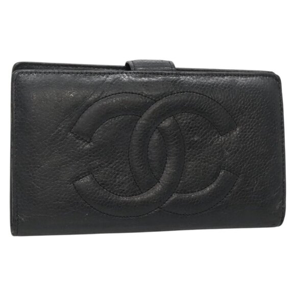 CHANEL Long Wallet Grained Calf Skin Black Gold CC Auth bs27873 - Picture 1 of 15